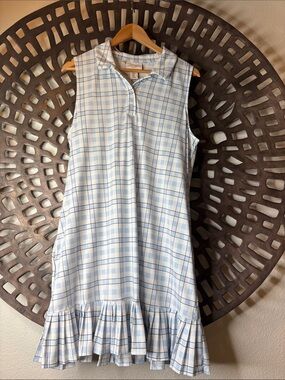 💙 Laura Ashley Plaid Ruffle Hem Dress Women’s XL Blue White Sleeveless Flowy 💙